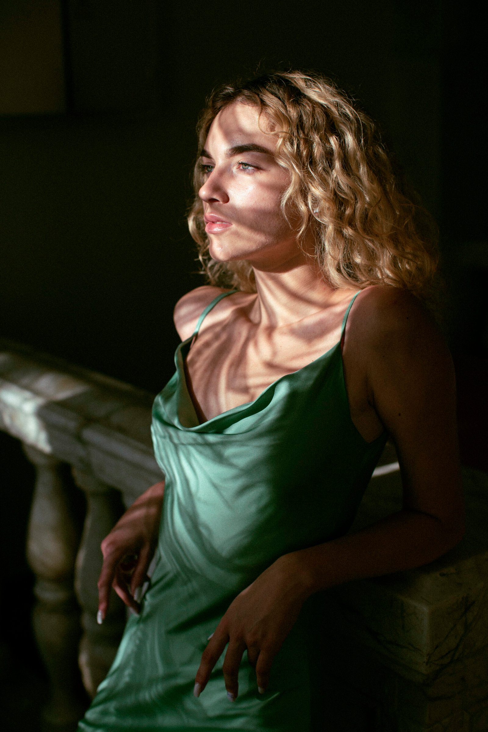analog portrait beautiful woman posing indoors elegant dress scaled