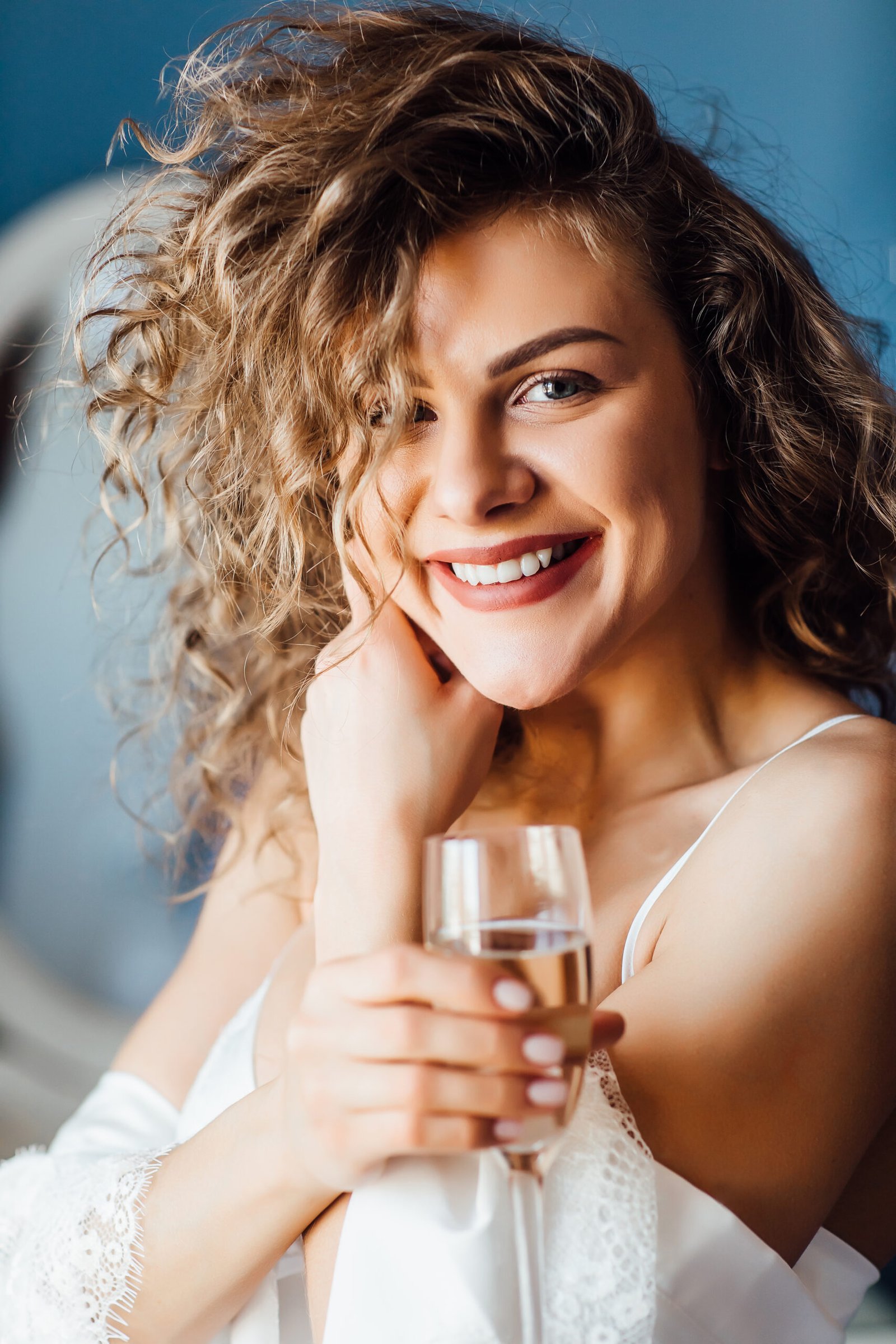 portrait happy smiling charming woman with glass champagne scaled